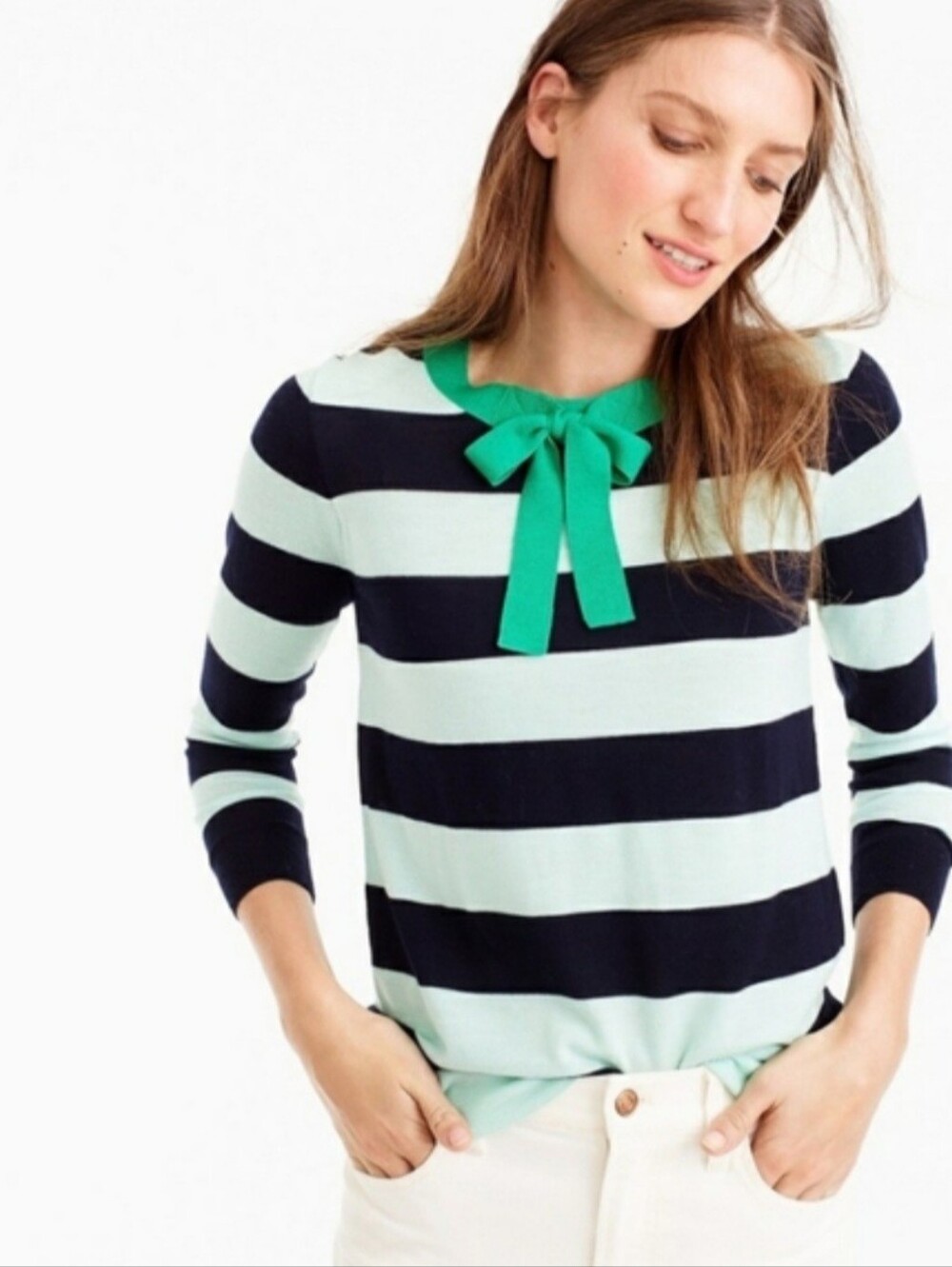 J Crew Womens Tippi Tie Neck Sweater SZ XL Merino Wool Striped Cozy Preppy Chic